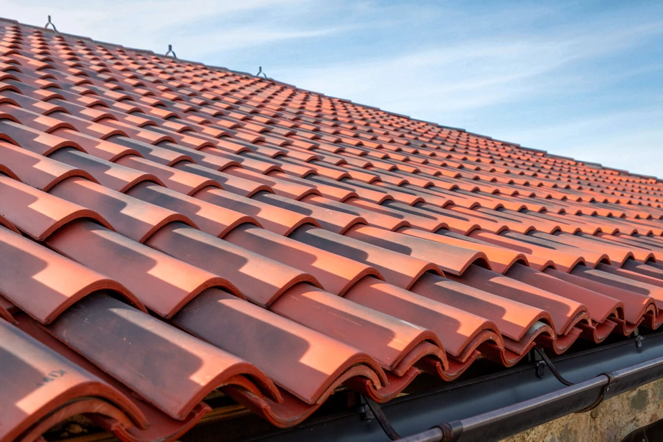 Toiture résidentielle avec tuiles en terre cuite rouge-orange disposées en rangées régulières
