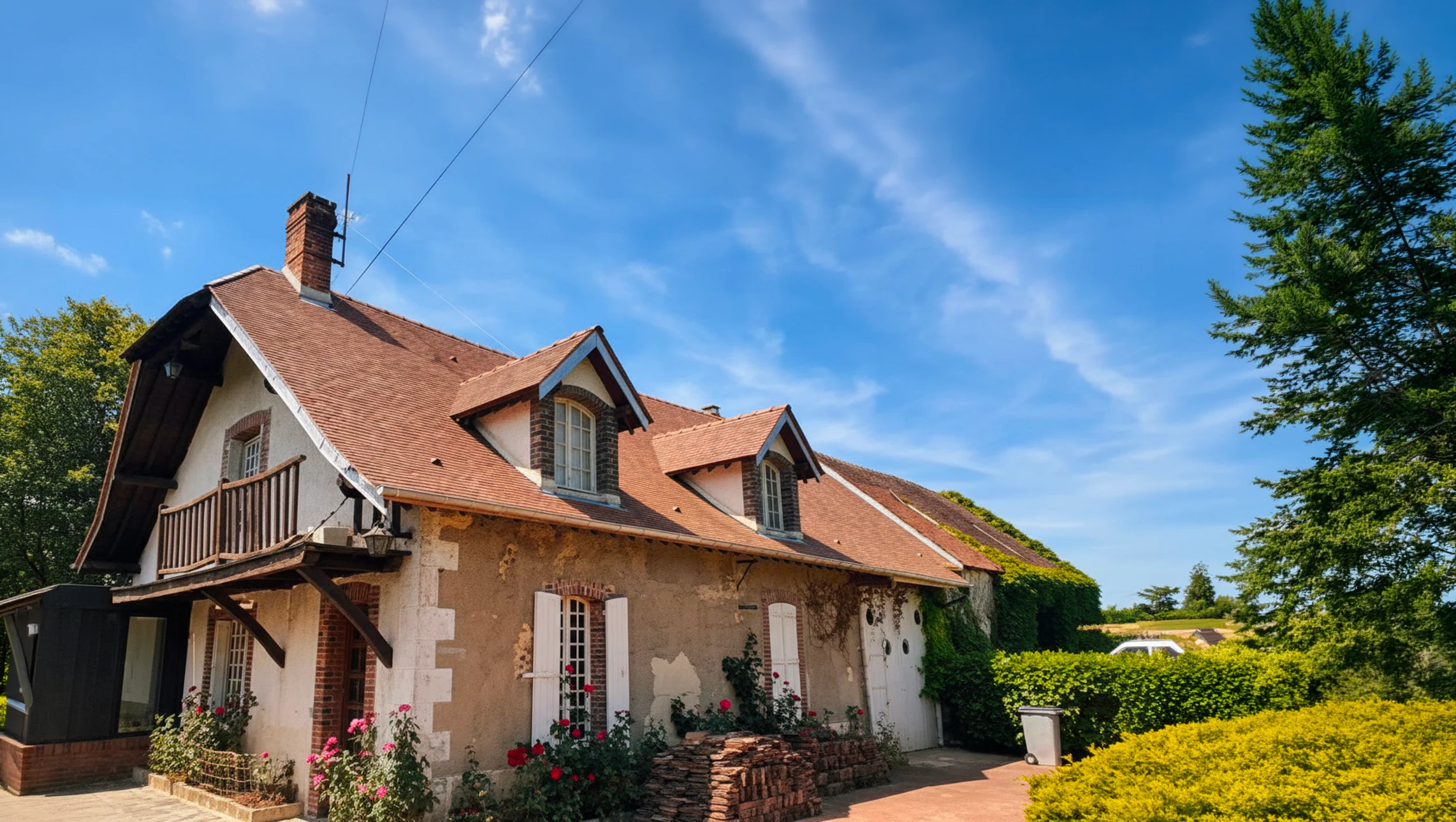 Chantier de r&eacute;novation de toiture en cours avec installation de tuiles en terre cuite brunes empil&eacute;es sur charpente bois apparente
