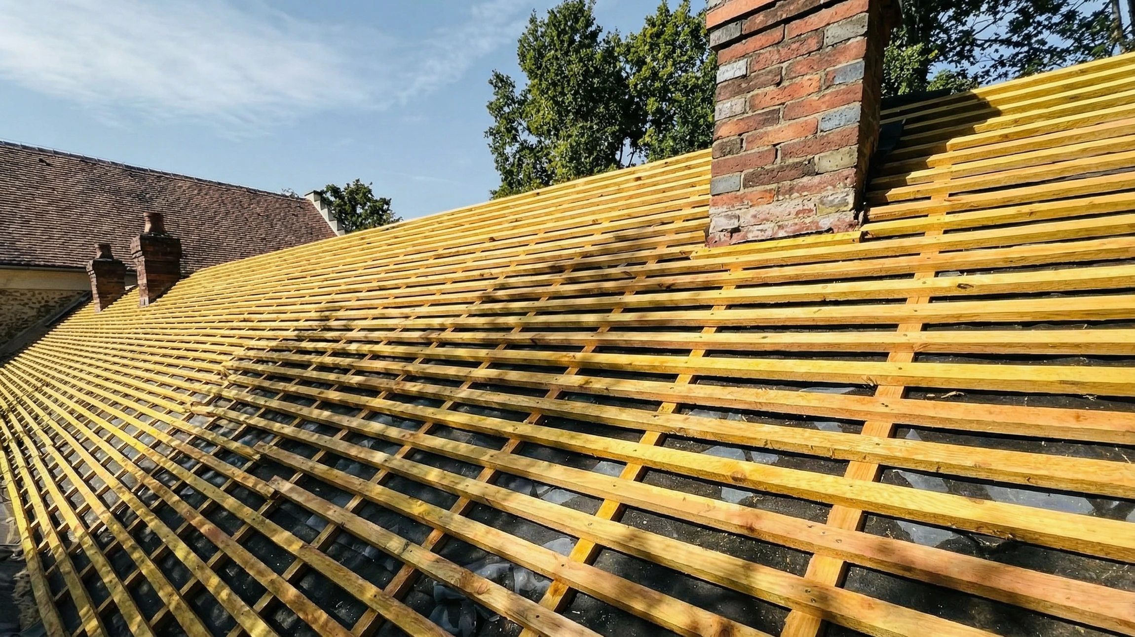 Chantier extérieur de couverture avec artisan couvreur préparant des tuiles terre cuite